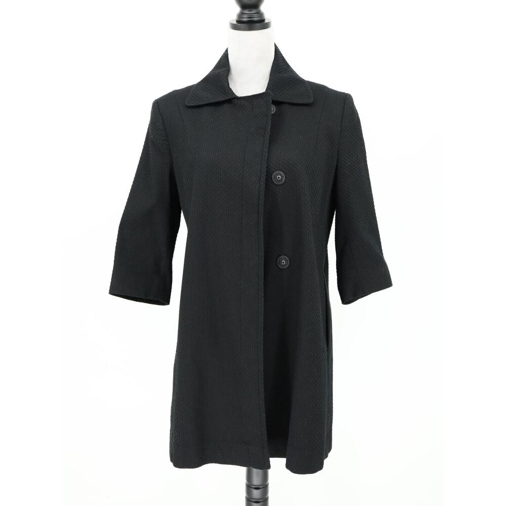 T Tahari Jacket Womens Small Black Long Lined Snaps Stretch Cotton 3/4 sleeves